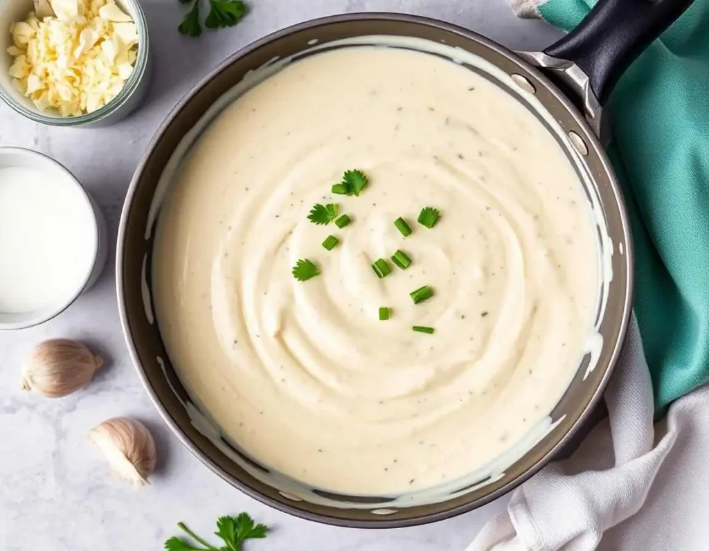 Skillet with creamy cottage cheese pasta sauce garnished with fresh parsley or chives. The sauce is thick and smooth and ready for our pasta sauce recipe.