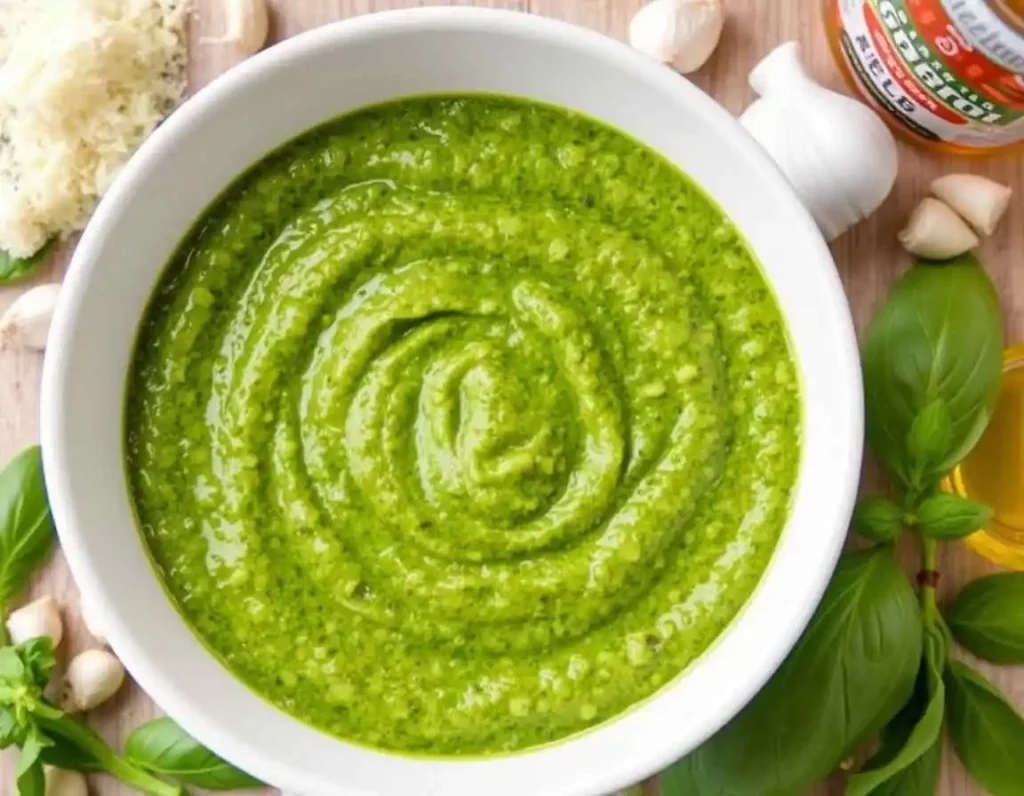 A bowl of vibrant green pesto pasta sauce, made with fresh basil, Parmesan, pine nuts, and garlic, ready for the best pasta sauce recipe.