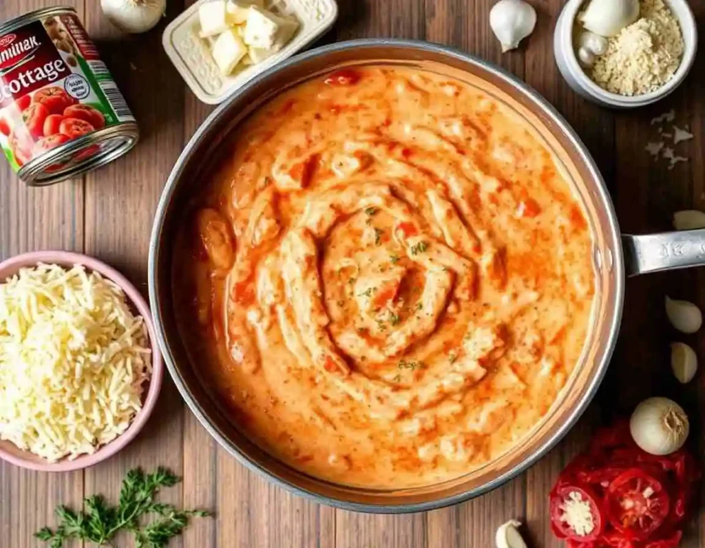 A creamy tomato pasta sauce made with cottage cheese, diced tomatoes, and Parmesan, simmering in a pan with finely chopped onion and garlic. The sauce is rich and thick, perfect for coating pasta. The ingredients are displayed on a countertop, including a tub of cottage cheese, canned diced tomatoes, and a sprig of oregano.