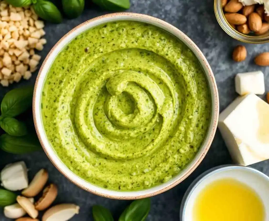 A creamy cottage cheese pesto pasta sauce made with fresh basil, Parmesan, pine nuts, and garlic, ready to be tossed with pasta. The ingredients are laid out on a countertop, including cottage cheese, fresh basil, nuts, and olive oil.