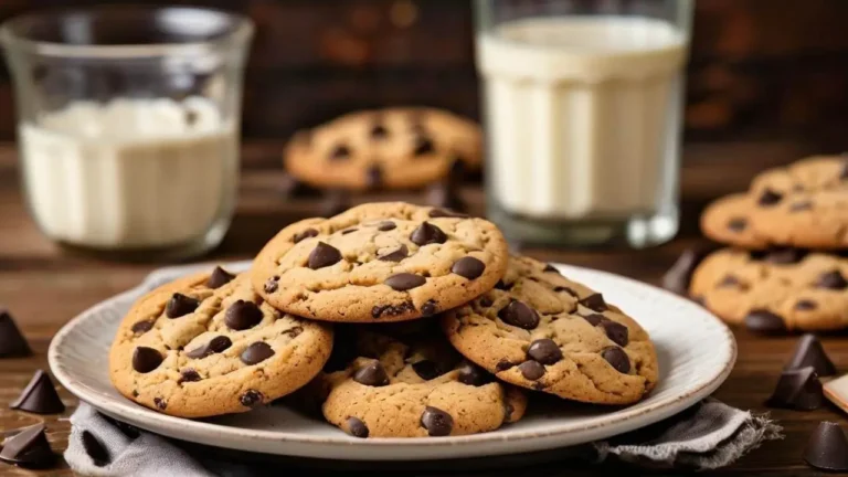 Plate of 24 golden-brown chocolate chip cookies with melty chocolate chips, next to a glass of cold milk on a rustic wooden table.