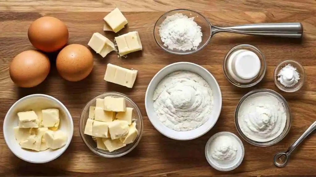 Ingredients for chocolate chip cookies on a wooden countertop: butter, sugar, eggs, flour, and chocolate chips.