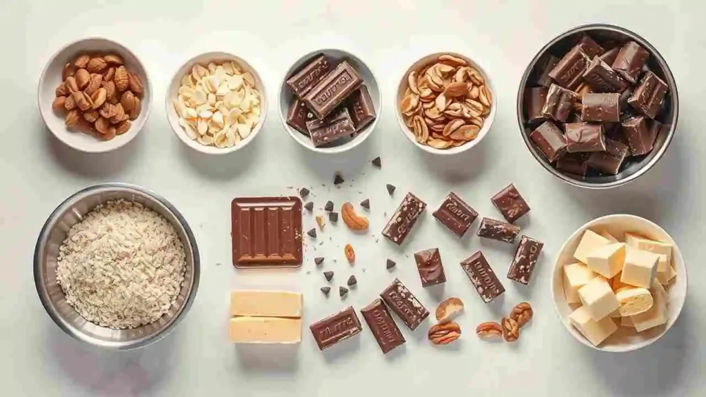 (to make Mars Slices Recipes) "Flat-lay of Mars bar slices, butter, and rice bubbles with optional add-ins like chocolate chips and nuts. Includes a mixing bowl, saucepan, and baking tin on a clean surface." 