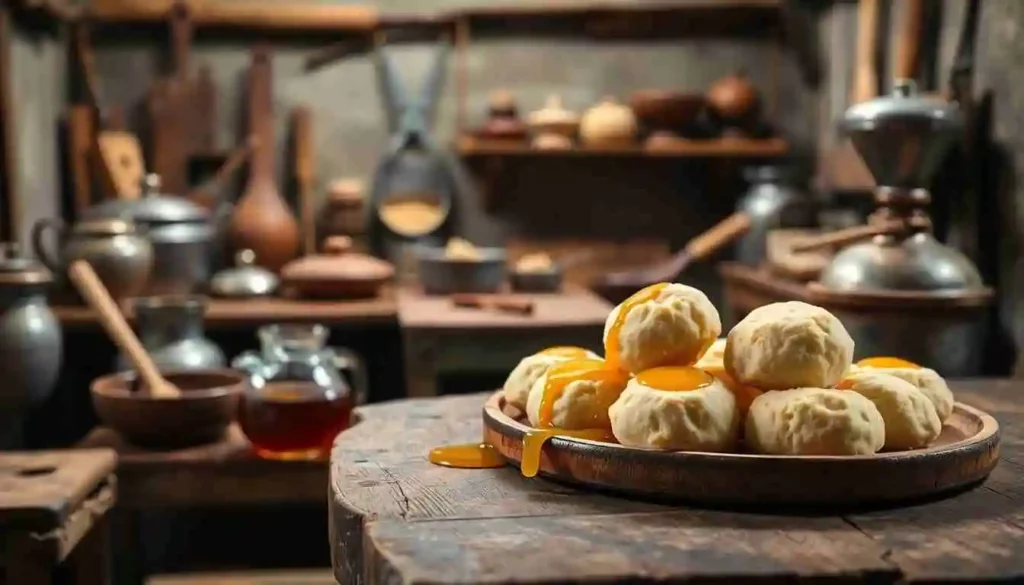 Vintage Australian kitchen with traditional tools and ingredients, showcasing golden syrup and dumplings, symbolizing the origins of the golden syrup dumplings recipe in Australian cuisine.