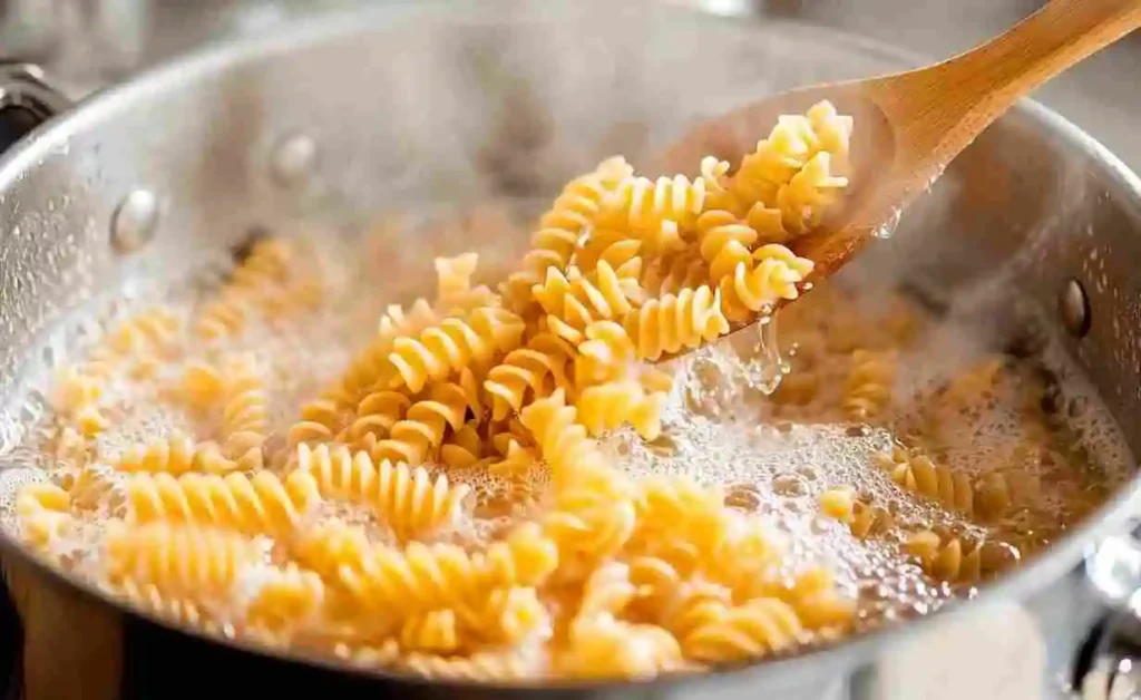 A close-up of fusilli pasta boiling in a large pot of salted water. The spirals are being stirred gently with a wooden spoon, showcasing the ideal cooking method. Perfect for illustrating the step-by-step guide to cooking fusilli pasta.