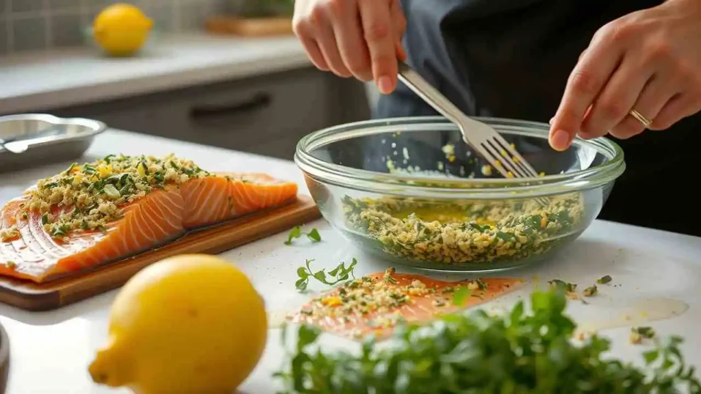 "Herb-Crusted Salmon preparation steps, showcasing fresh herbs, breadcrumbs, and seasoned salmon fillets ready to bake."