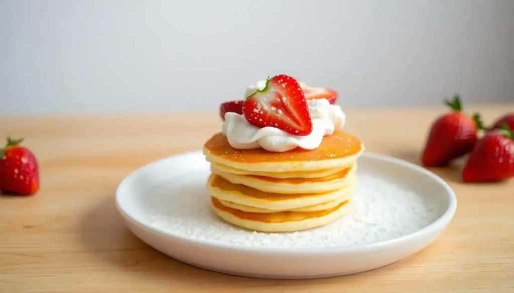 Delicious mini pancakes stacked high with fresh fruit, whipped cream, and syrup. This mini pancake recipe makes a fun and tasty breakfast.