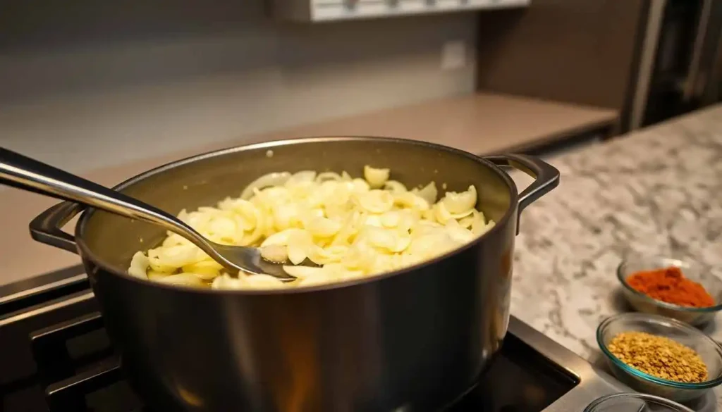 Sautéing onions and garlic to create the flavorful base for Traditional Lentil Soup with Greens and Rice