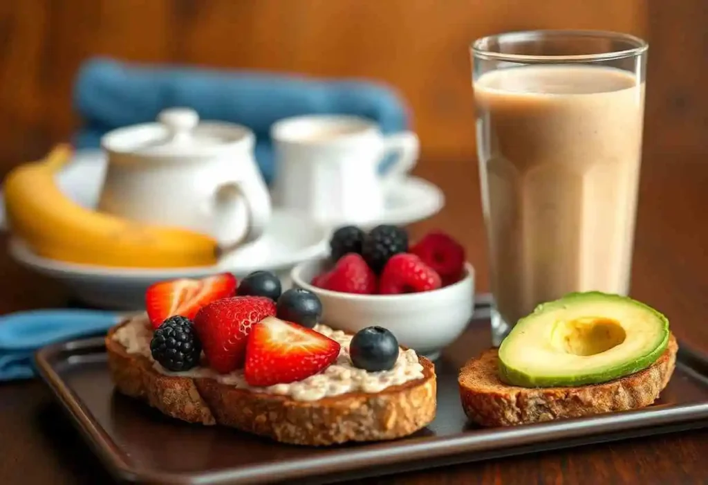 A tall glass of peanut butter banana smoothie from popular smoothie recipes, served with a bowl of oatmeal topped with fresh berries and a slice of whole-grain toast with avocado, on a cozy breakfast table setup.