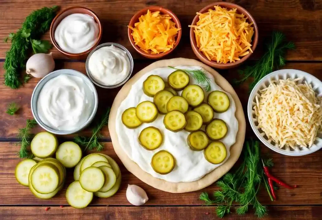 A collection of ingredients for Pickle Pie Pizza, including active dry yeast, warm water, all-purpose flour, olive oil, salt, sour cream, mayonnaise, garlic, shredded mozzarella cheese, grated cheddar cheese, dill pickles, fresh dill, 