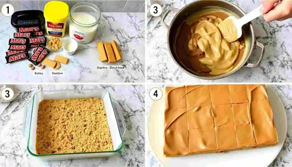 "Five-step collage showing the process of making Mars bar slices, from ingredients to finished treats. Includes melting, mixing, layering, and final chilled slices on a plate." 