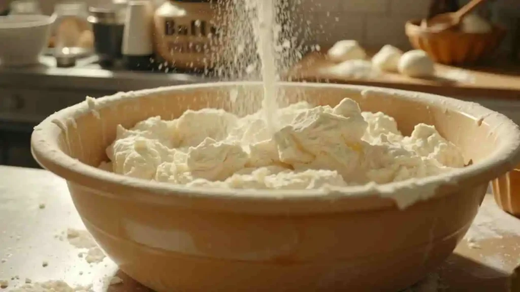 "Mixing dough for golden syrup dumplings recipe, showing the soft, fluffy texture of the dough, ideal for making perfect dumplings in a slow cooker, microwave, or camp oven golden syrup dumplings."