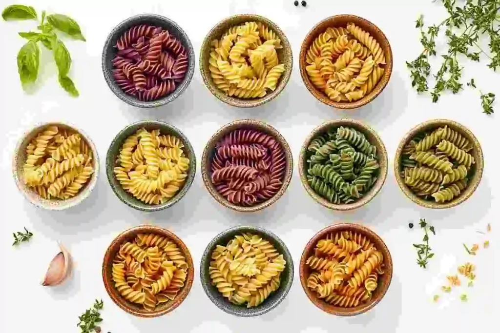 An assortment of fusilli pasta types, including traditional, whole wheat, and gluten-free, displayed in small bowls. The intricate spirals and textures are highlighted on a rustic surface. Perfect visual for exploring the different types of fusilli pasta.

