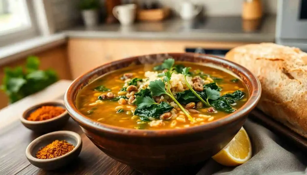 A bowl of Traditional Lentil Soup with Greens and Rice, garnished with fresh herbs, ready to serve.