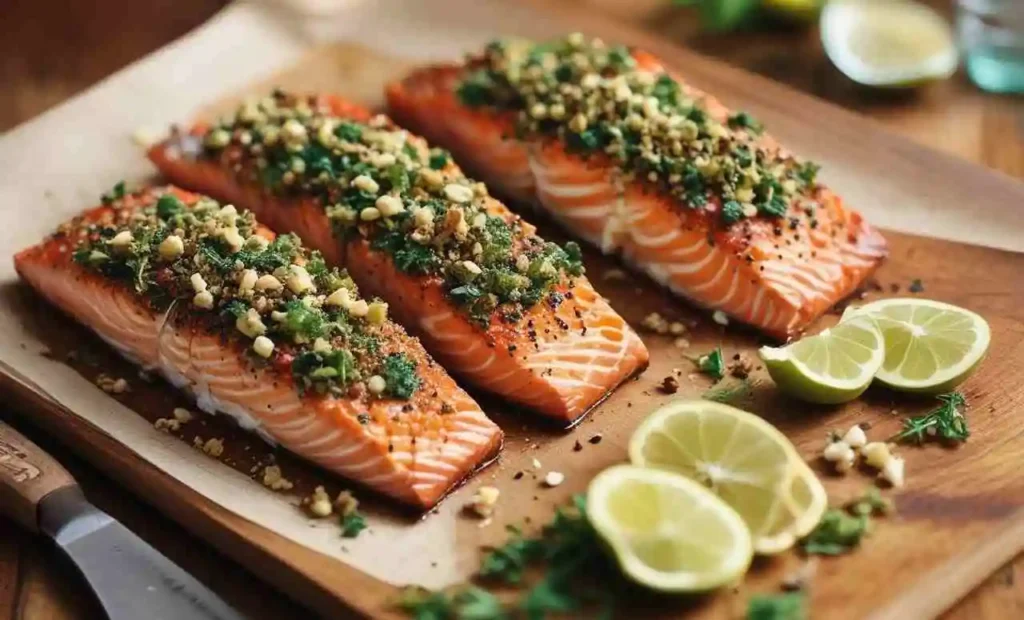 Three Herb-Crusted Salmon variations with feta, Parmesan, and nut crusts, displayed side by side on a wooden board.