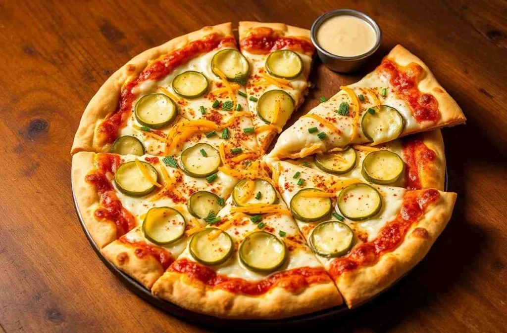 A freshly baked Pickle Pie Pizza with a golden, crispy crust, creamy garlic sauce, melted cheese, and tangy dill pickles. Topped with red pepper flakes and fresh herbs, it offers a bold and unique flavor profile.