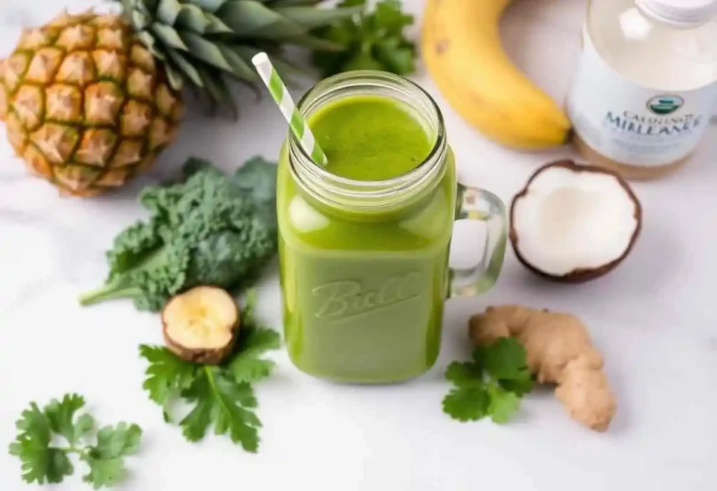 A vibrant green detox smoothie, inspired by smoothie recipes, in a mason jar surrounded by fresh ingredients including pineapple, banana, kale, ginger, and coconut water, placed on a white marble background.