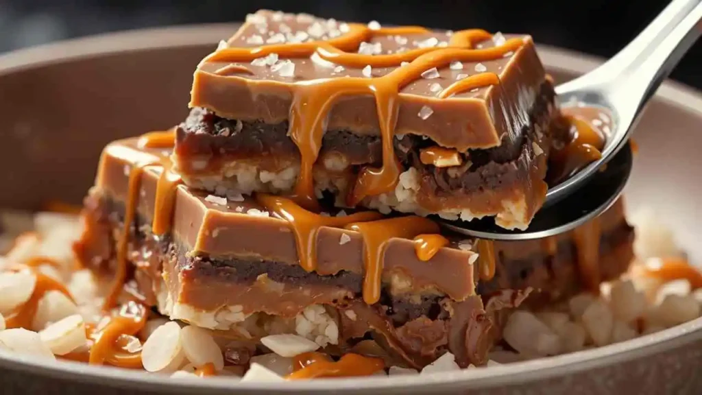 Close-up of rice bubble Mars bar slices with glossy chocolate and caramel layers. Ingredients like rice bubbles and chopped Mars bars surround the slices." 