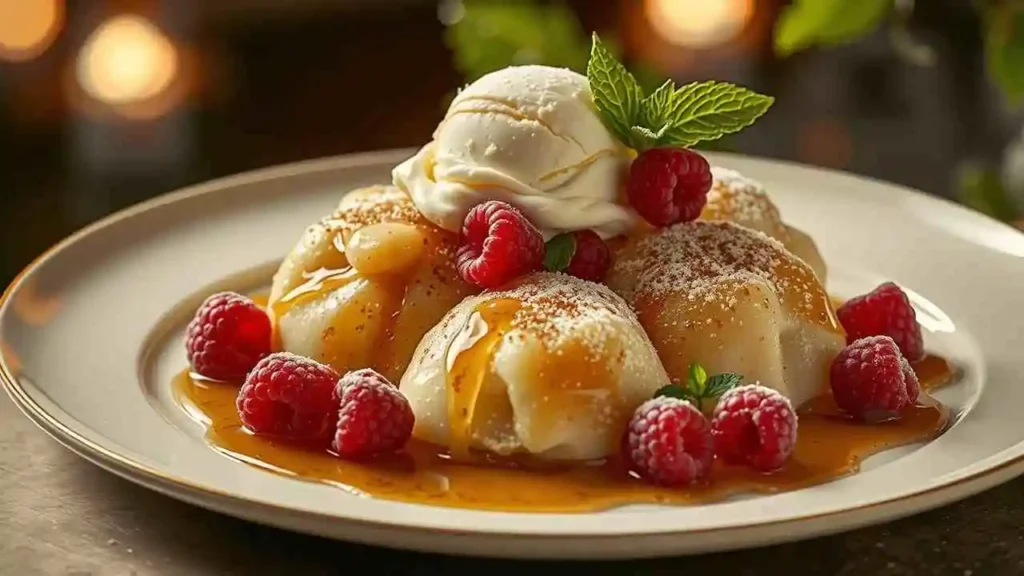 "Golden syrup dumplings served with vanilla ice cream, fresh raspberries, and golden syrup drizzle, perfect for pairing with slow cooker, microwave, or camp oven golden syrup dumplings."