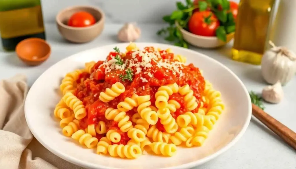 A plate of fusilli pasta topped with rich, vibrant tomato sauce, garnished with fresh basil leaves and a sprinkle of grated Parmesan cheese, served on a white dish against a simple background