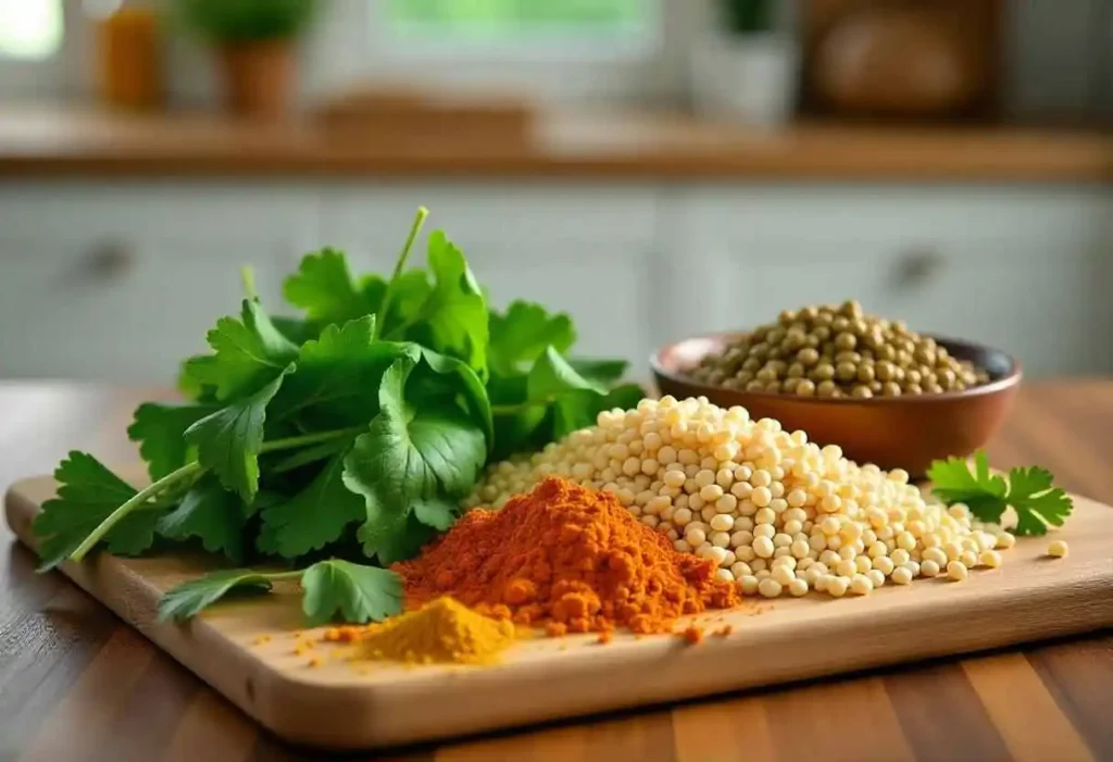 A close-up shot of the fresh ingredients for Traditional Lentil Soup with Greens and Rice, including lentils, greens, rice, and spices, neatly arranged.