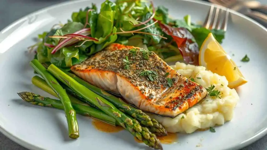 Plated Herb-Crusted Salmon with garlic mashed potatoes, roasted asparagus, and a crisp salad for a complete gourmet meal.