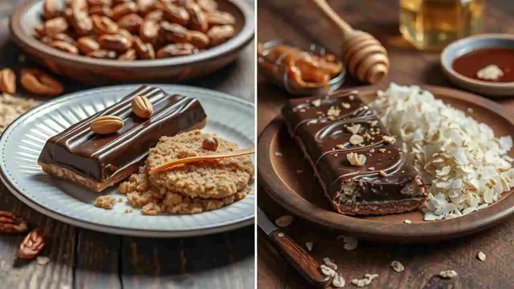 Side-by-side plates of classic and healthy Mars bar slices. Healthy ingredients like oats, dates, and nuts are arranged decoratively on a rustic wooden surface."
