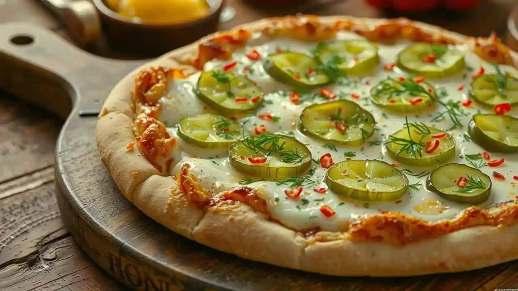 A fresh Pickle Pie Pizza with a golden, crispy crust topped with creamy garlic sauce, melted cheese, and slices of dill pickles. The pizza is garnished with red pepper flakes and fresh herbs, showcasing a bold and unique flavor combination.