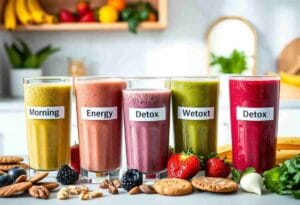 An image featuring a variety of colorful smoothies in clear glasses, each labeled for different purposes (e.g., Morning Energy, Post-Workout, Detox).