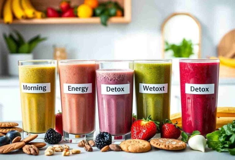 An image featuring a variety of colorful smoothies in clear glasses, each labeled for different purposes (e.g., Morning Energy, Post-Workout, Detox).