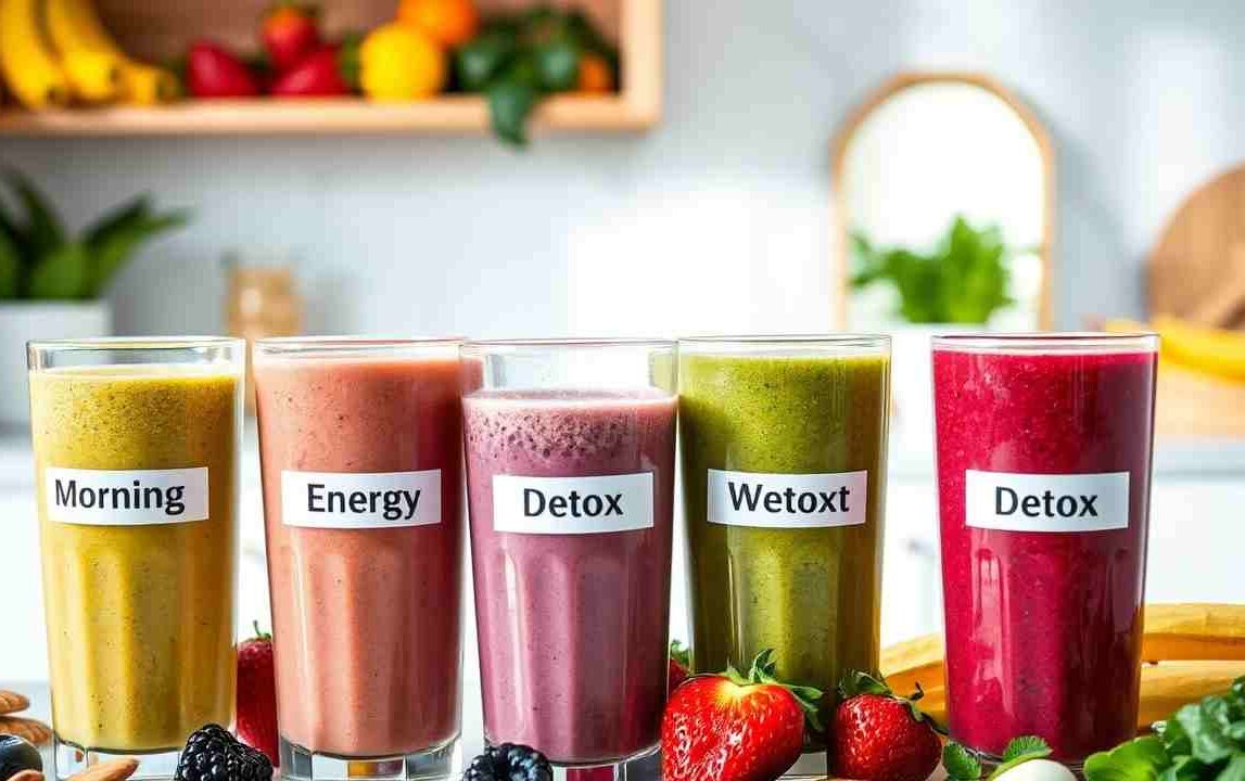 An image featuring a variety of colorful smoothies in clear glasses, each labeled for different purposes (e.g., Morning Energy, Post-Workout, Detox).