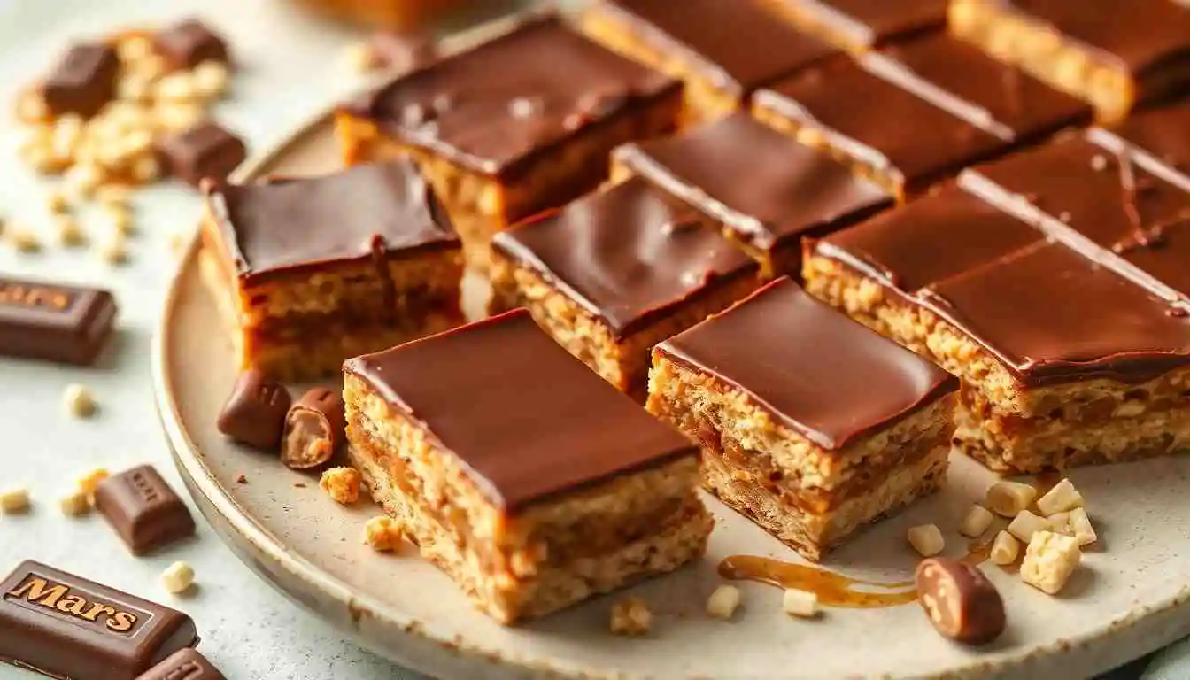 home-made kitchen scene with Mars Bar slices, showcasing the layers and textures of the treat.