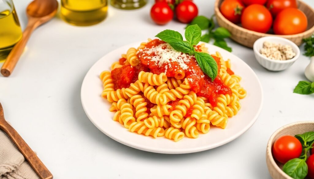 A plate of fusilli pasta topped with rich, vibrant tomato sauce, garnished with fresh basil leaves and a sprinkle of grated Parmesan cheese, served on a white dish against a simple background.