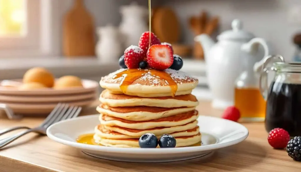 Stack of fluffy mini pancakes with fresh berries, whipped cream, and syrup. Perfect for your next mini pancake recipe.