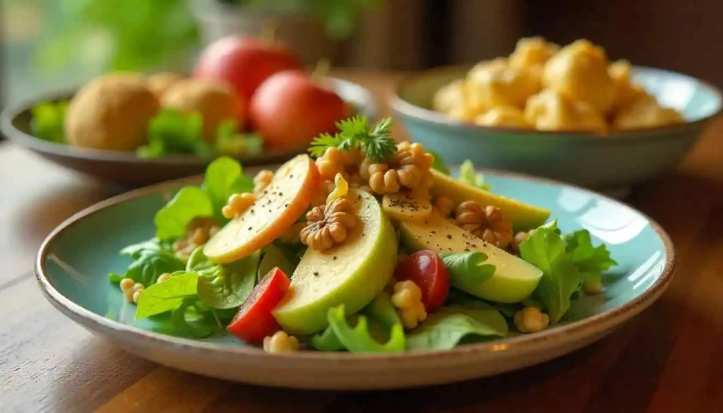 A vibrant salad with mixed greens, apples, and walnuts, paired with chicken and dumplings. This is a perfect idea for what to serve with chicken and dumplings to balance the richness.