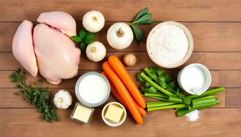 Flat lay of fresh ingredients for chicken and dumplings, including raw chicken, herbs, vegetables, flour, and seasonings, on a rustic wooden surface.