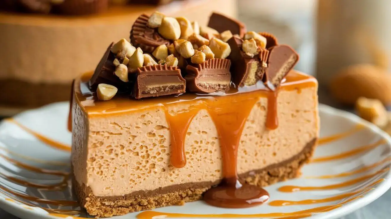 5-Step Reese’s Caramel Cheesecake Recipe 2 Close-up of a slice of Reese’s Caramel Cheesecake with caramel sauce, peanut butter cups, and a graham cracker crust.
