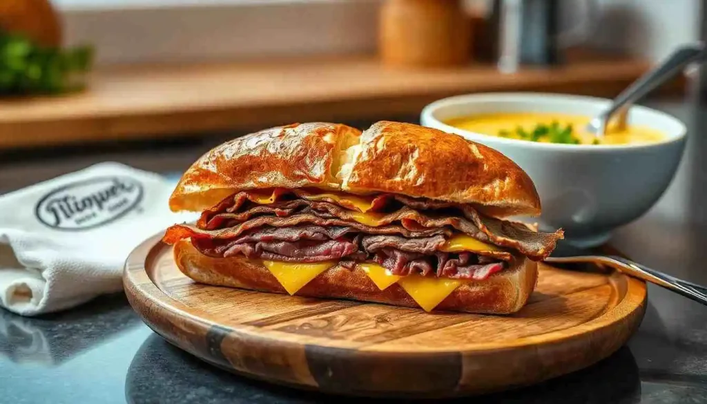 Roast beef and cheddar sandwich on ciabatta served alongside a creamy bowl of potato soup 