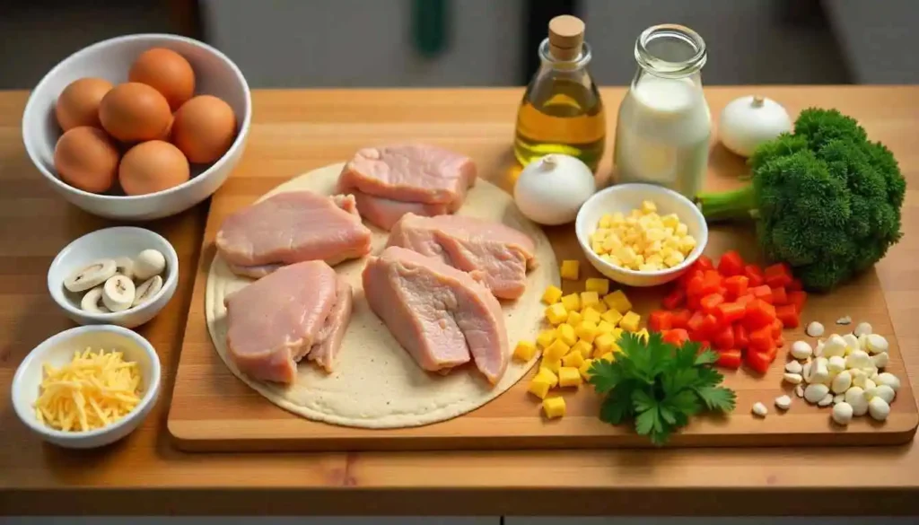 A flat-lay of chicken frittata ingredients, including eggs, milk, cooked chicken, mushrooms, onions, bell peppers, cheese, olive oil, and fresh parsley on a wooden countertop.