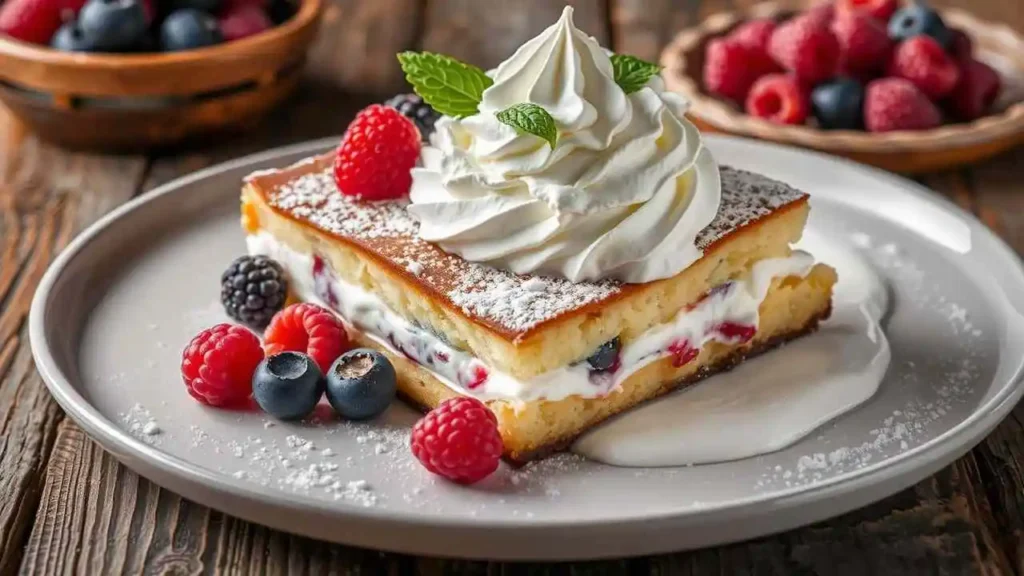 A slice of Kefir Sheet Cake with fresh berries and whipped cream, placed on a white plate.