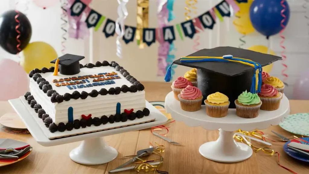 A graduation party table with two cakes: a rectangular sheet cake with a fondant graduation cap and a cupcake cake shaped like a graduation cap.