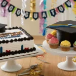 A graduation party table with two cakes: a rectangular sheet cake with a fondant graduation cap and a cupcake cake shaped like a graduation cap.