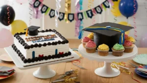 A graduation party table with two cakes: a rectangular sheet cake with a fondant graduation cap and a cupcake cake shaped like a graduation cap.