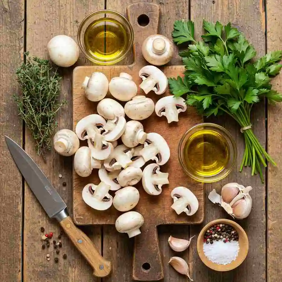 Ingredients for gourmet button mushroom dishes: fresh button mushrooms, garlic, thyme, spinach, cream cheese..