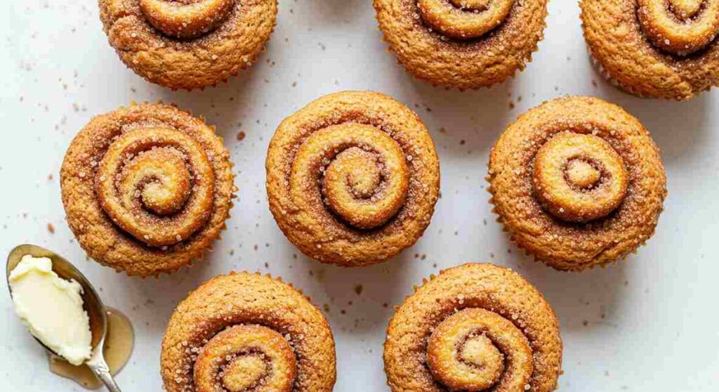 Freshly baked cinnamon sugar French toast muffins on a rustic wooden table, featuring golden, sugar-dusted tops, with a few muffins broken open to reveal their fluffy interior. Accented with a bowl of cinnamon sugar, a drizzle of maple syrup, and a warm napkin.