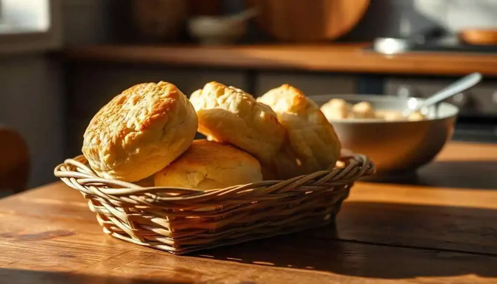 A basket of warm, golden buttermilk biscuits, ready to be enjoyed alongside chicken and dumplings. Ideal for what to serve with chicken and dumplings for extra comfort.