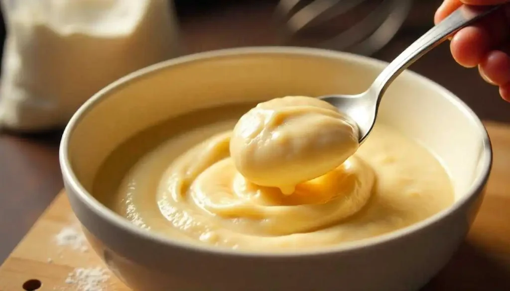 Close-up of thick dumpling batter for chicken and dumplings in a mixing bowl, showing the perfect consistency for light, fluffy results."