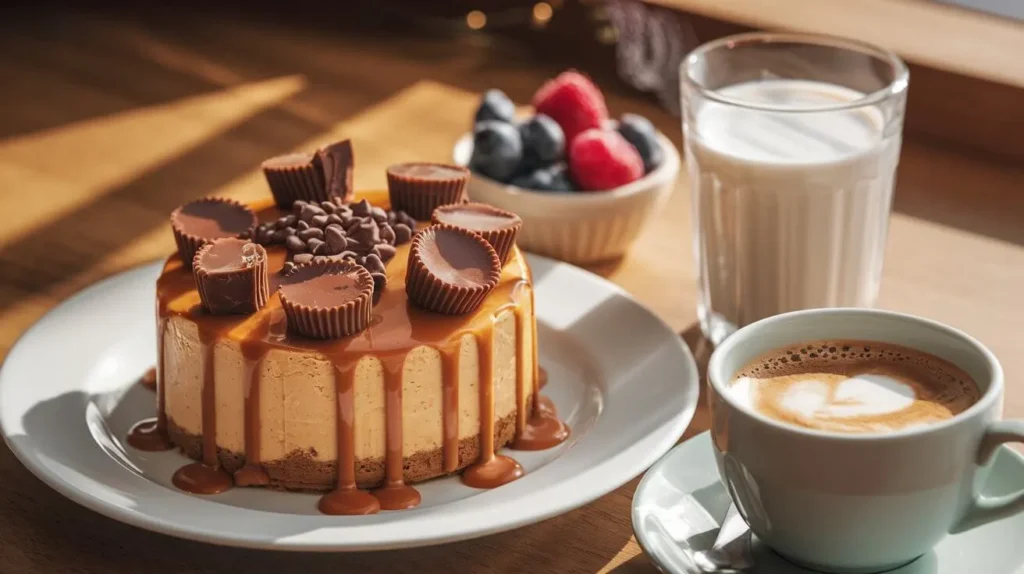 Slice of Reese's Caramel Cheesecake topped with caramel, peanut butter cups, and chocolate chips, served with fresh berries, a cup of coffee, and a glass of cold milk.