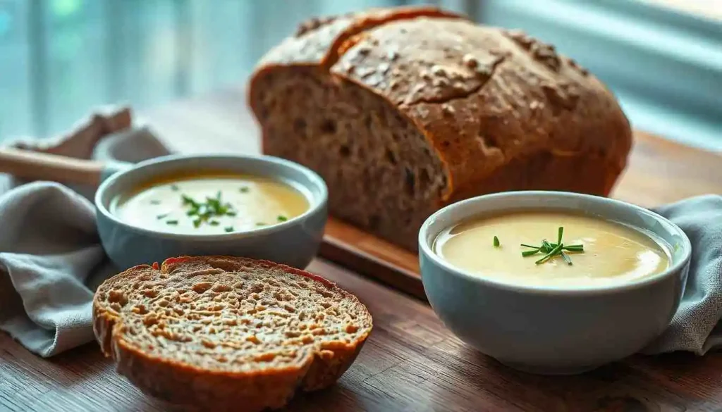 Freshly baked whole wheat bread with a dense, nutty texture served alongside a creamy bowl of potato soup, topped with fresh chives.