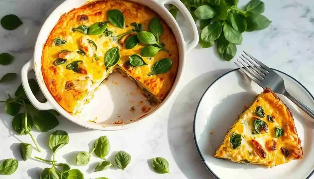 A golden chicken and spinach frittata in a ceramic dish topped with fresh spinach leaves and melted cheese, with a slice served on a plate nearby. 